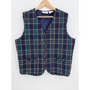 Vintage Casey & Max Womens Tartan Plaid Zip Up Quilted Vest Size XL Holiday